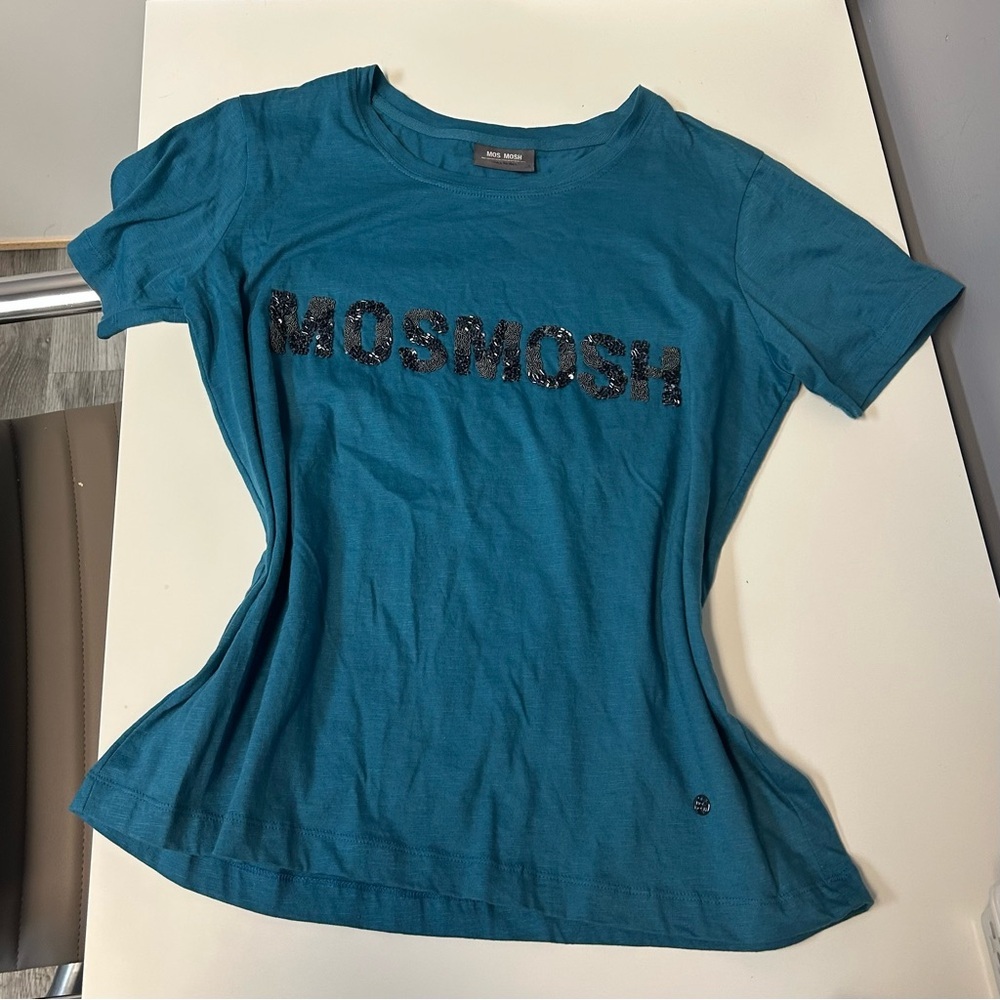 Mos Mosh Teal Women's Short Sleeve T Shirt with Sparkly Name Brand, Size S